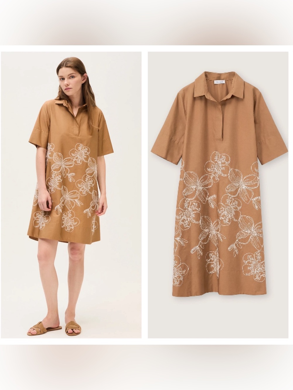 Rosso35 Tan Polo Floral Embroidered Cotton Poplin Dress / NWT